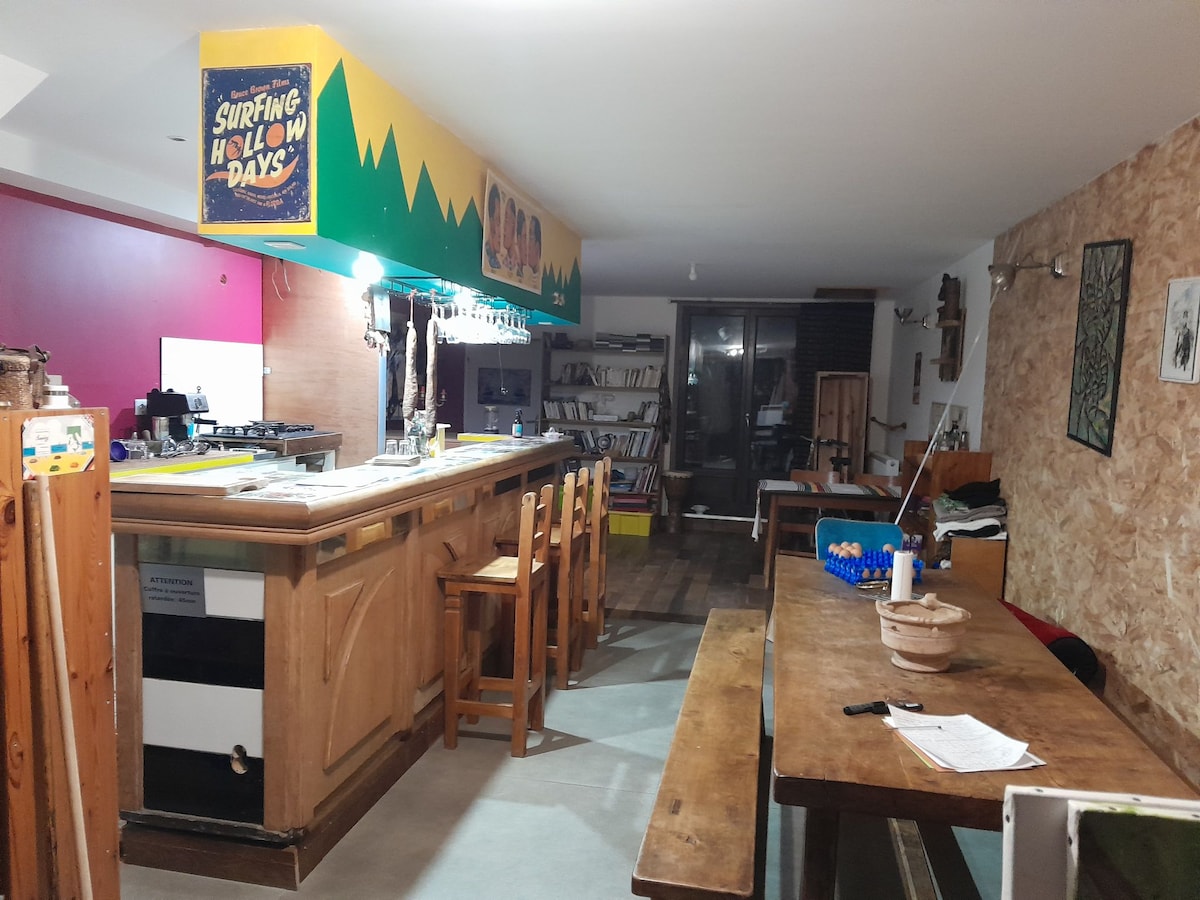 A spacious communal area is visible, featuring a wooden bar with high chairs and a large dining table. Shelves stacked with books and a glass door leading to an outdoor space are included. Colorful artwork and rustic elements add character to the room.