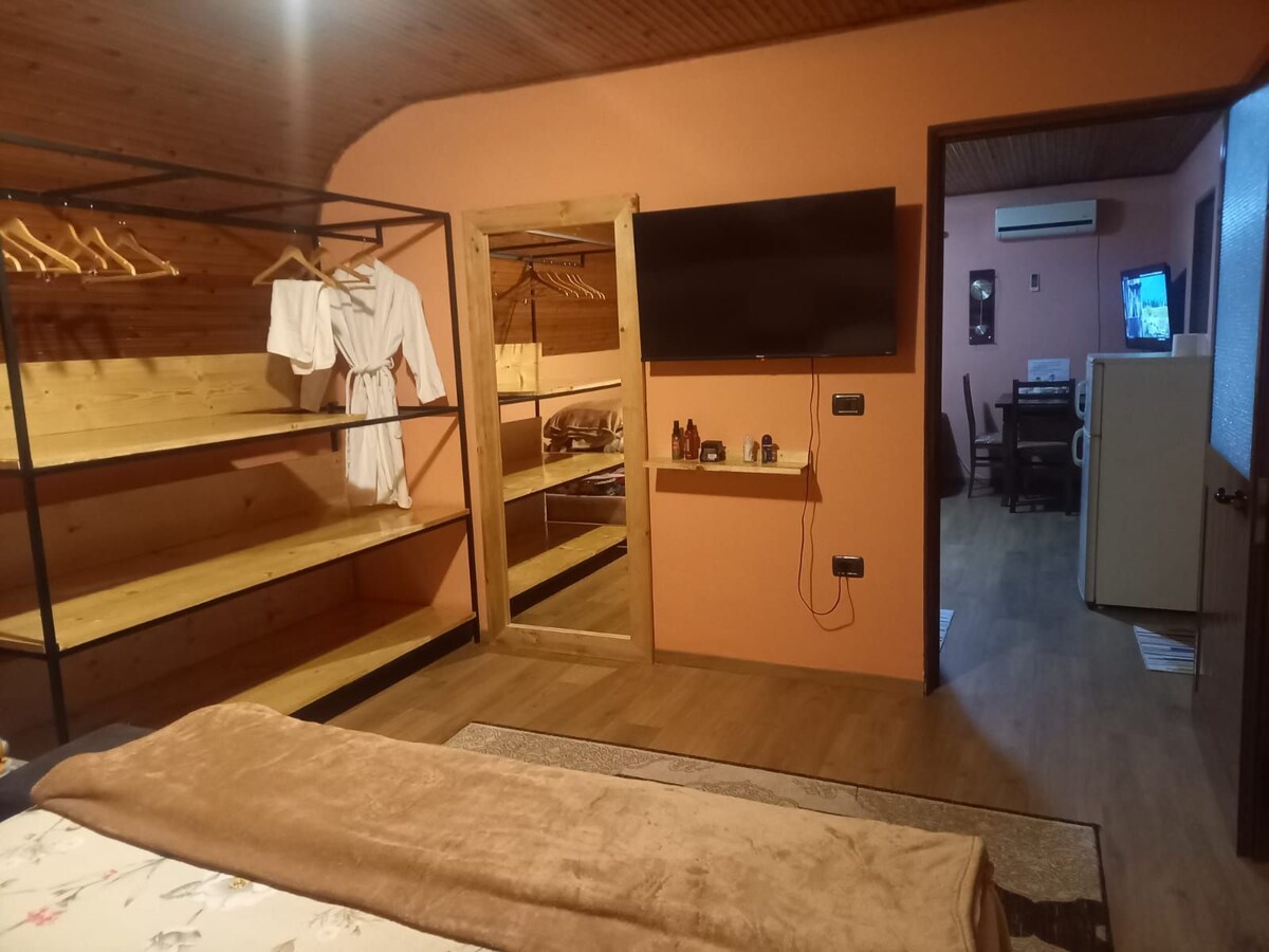 A warm-toned bedroom showcases a metal clothing rack with hangers and wooden shelves. A large mirror is positioned beside a flat-screen TV mounted on the wall. The space offers a glimpse into an adjoining room that features additional amenities.