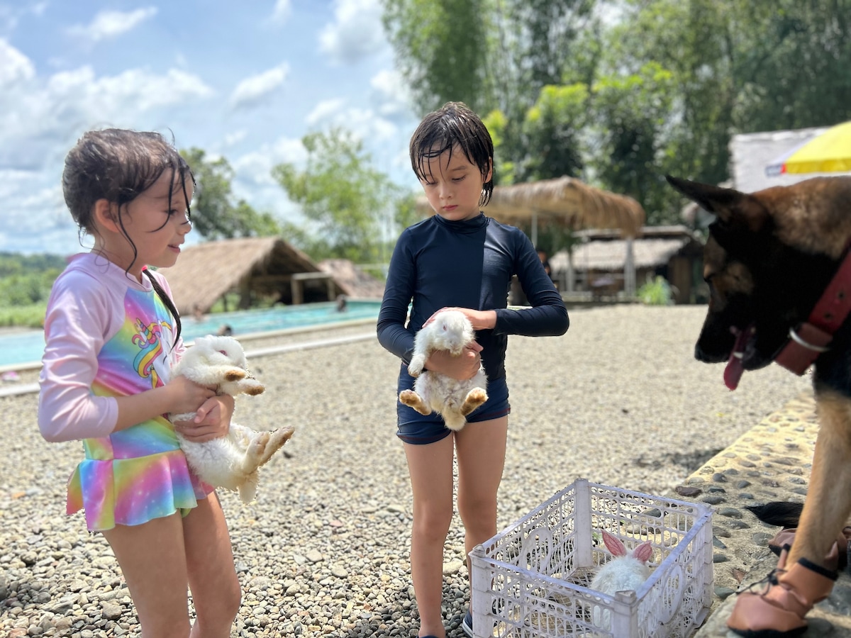 Two children are seen interacting with rabbits, one holding a rabbit in each hand. The setting includes a gravel area beside a clear water pool and greenery in the background. A dog is present nearby, observing the scene.