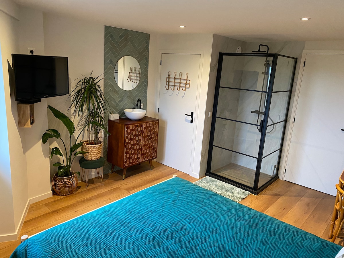 A spacious room features a large bed with a textured teal cover. A modern glass shower enclosure is visible, along with a stylish washstand and wall-mounted television. Green plants add a natural element, and warm wood flooring enhances the overall ambiance.