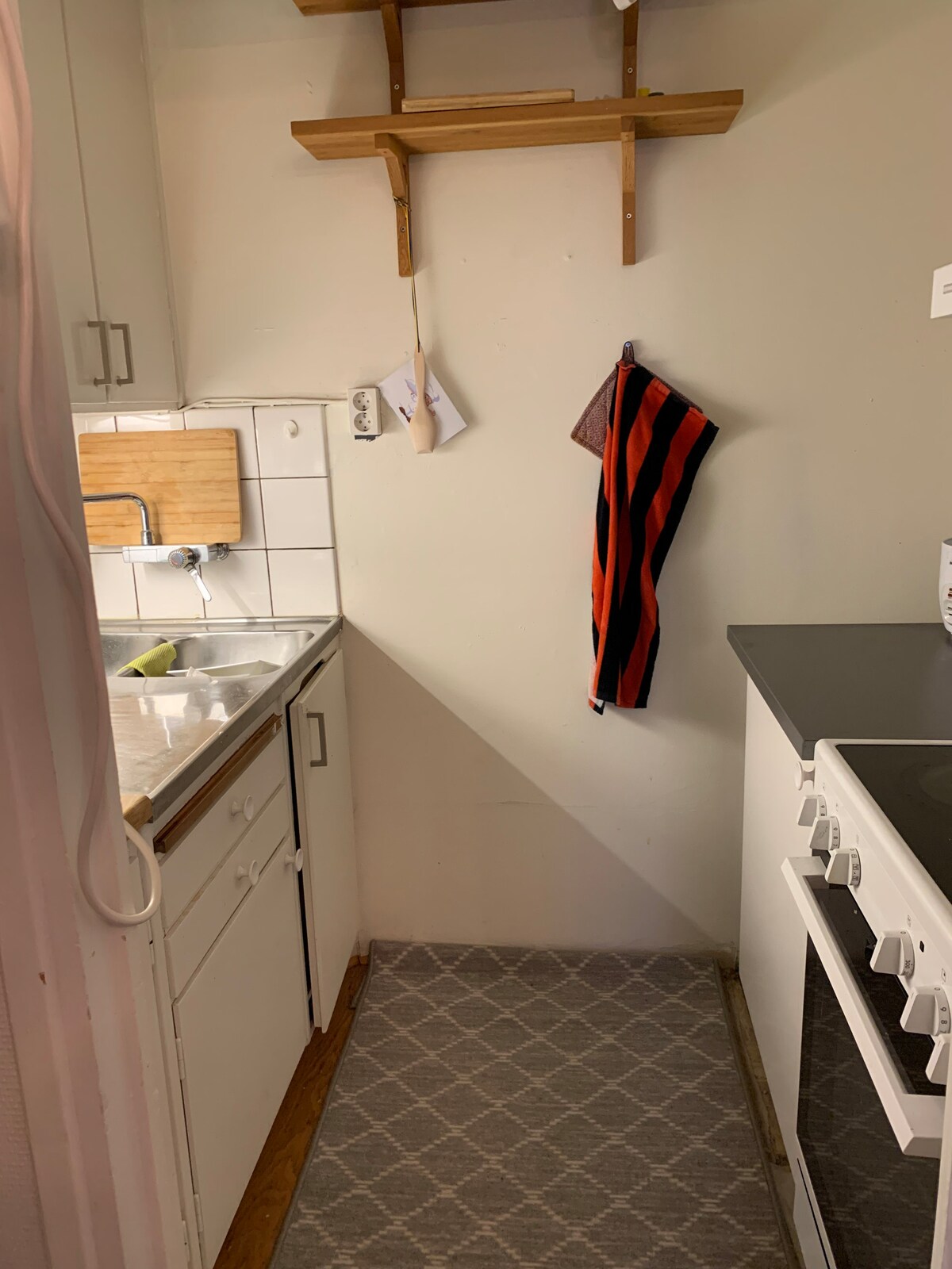 A compact kitchen space features a dual-basin sink, a wall-mounted wooden shelf, and a stove. An orange and black striped towel hangs nearby. The floor is covered with a patterned mat, enhancing the functionality of the area.