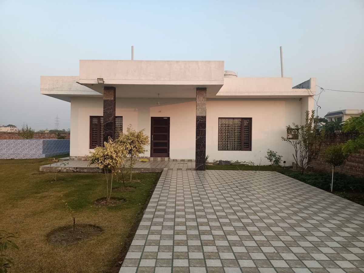 A modern farmhouse is presented with a white exterior and a flat roof. Stone pillars frame the entrance, which leads to a tiled pathway. A well-maintained lawn with patches of greenery surrounds the house, and neatly arranged tiles create an organized outdoor area.
