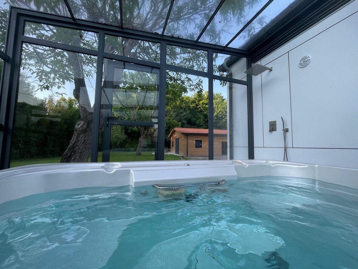 A modern indoor spa area is captured, featuring a spacious jacuzzi with clear water. Surrounding glass walls provide a view of the outside greenery and a wooden shed in the background. Natural light enters from overhead, enhancing the serene ambiance.