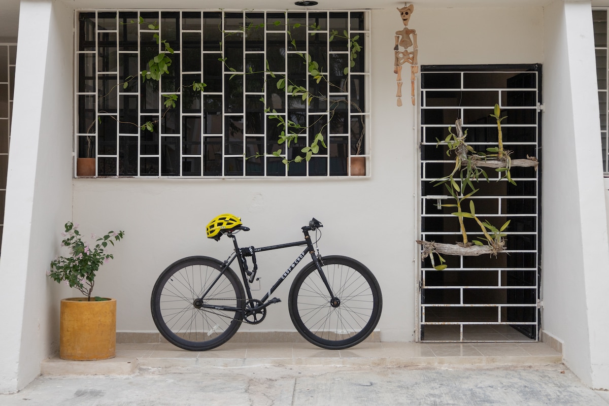 A black bicycle is positioned next to a planter and a yellow helmet rests on the handlebars. A skeleton decoration hangs from the ceiling, and greenery is visible climbing along the window bars. The entrance features a modern security door with vertical bars.