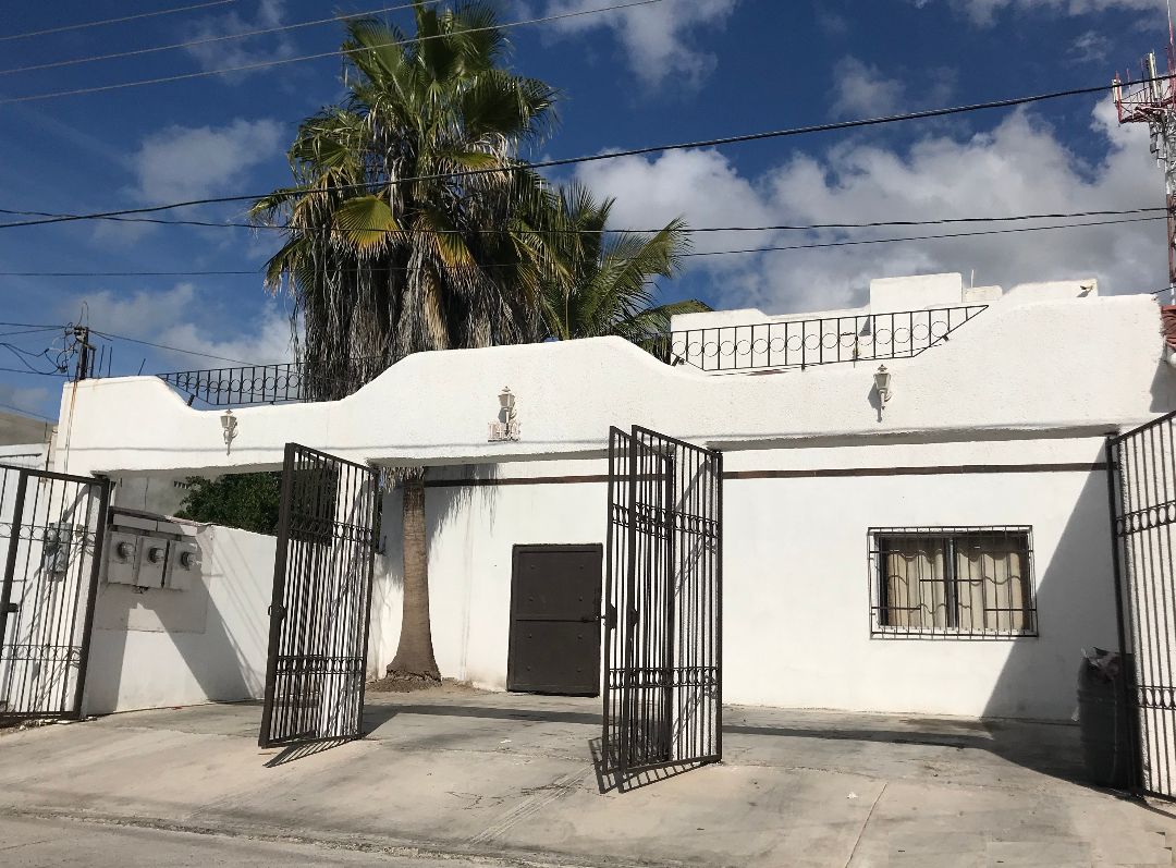 The exterior features a white wall with a decorative curved top and two large gates that open outward. A tall palm tree stands beside the entrance, with a window partially visible to the right, showcasing a simple and open design.