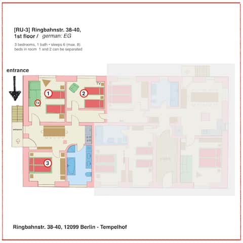 Popular Airbnb listing: [RU3] max 8 guests · 3 bedrooms, bath tub/shower in Tempelhof
