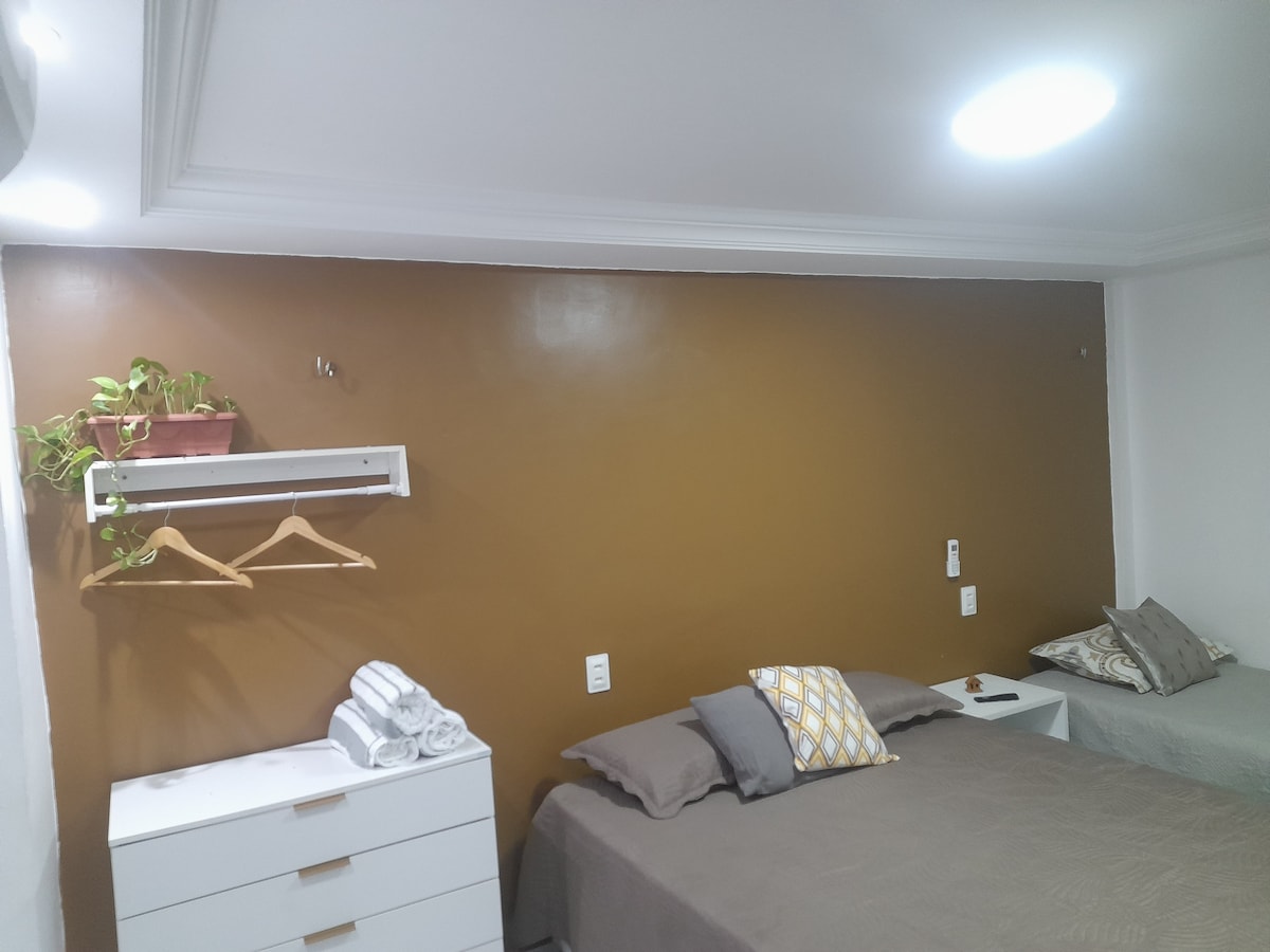 A spacious studio features a warm brown accent wall with a small plant and a shelf. Two beds are present, one adorned with decorative pillows. A neatly arranged stack of towels is placed on a white dresser, enhancing the organized atmosphere of the space.
