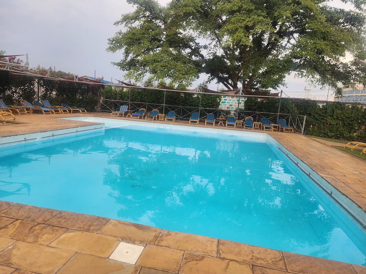 A swimming pool is positioned in a spacious outdoor area, surrounded by lounge chairs. The water appears clear and inviting, reflecting the blue sky above. A large tree provides shade near the pool's edge, contributing to the relaxing atmosphere.