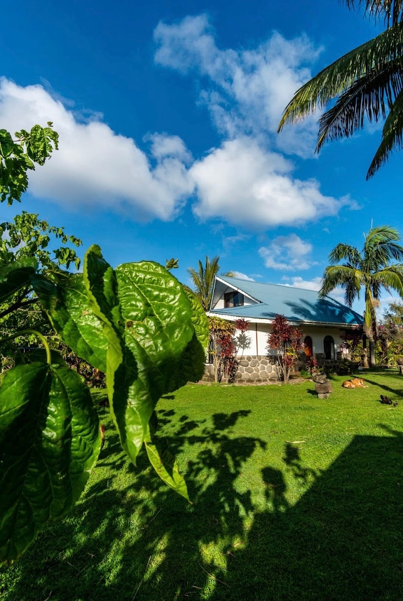 A serene exterior view of a home is framed by lush green foliage and palm trees. The vibrant blue sky is dotted with soft, white clouds, creating a peaceful atmosphere. The grassy landscape reflects the tropical setting, enhancing the overall tranquility of the space.