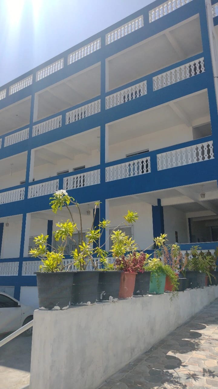 A multi-story building with a striking blue exterior is highlighted. Flowerpots filled with vibrant greenery and blooming flowers line the lower wall, adding a touch of nature. The structure features spacious balconies adorned with white railings, inviting light and air into the residences.