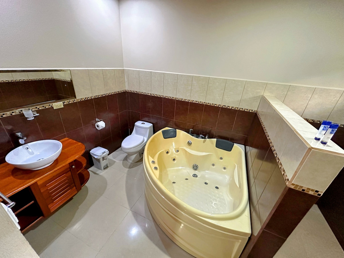 A modern bathroom is presented, featuring a spacious jacuzzi designed for two with hydro-massage capabilities. A wall-mounted mirror reflects the well-lit space, complemented by a compact sink on a wooden vanity. Toilet facilities and toiletries are neatly arranged, ensuring functionality.