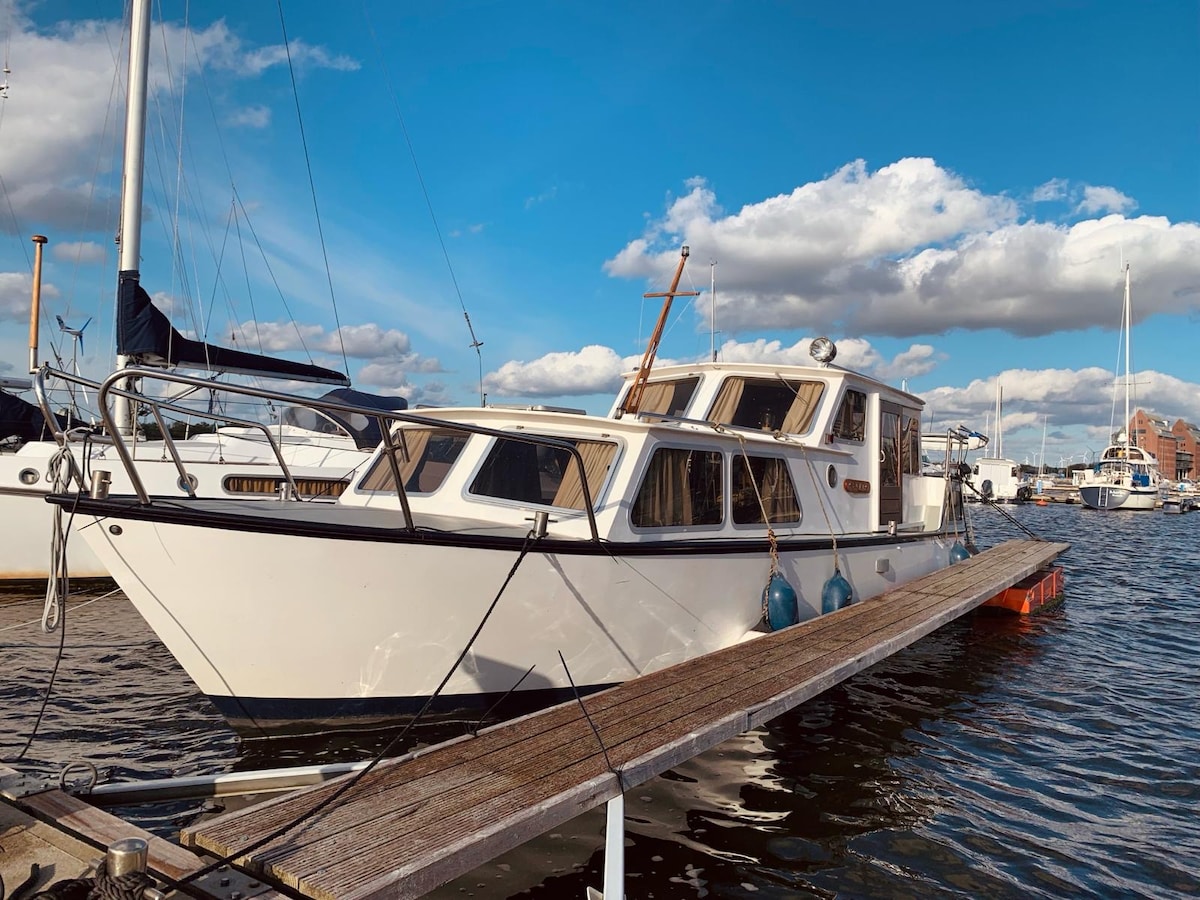 A charming boat is docked at the Rostock harbor, featuring a white hull and large windows that reflect the clear blue sky. Surrounding sailboats are visible in the background, with fluffy clouds casting soft shadows on the water's surface.
