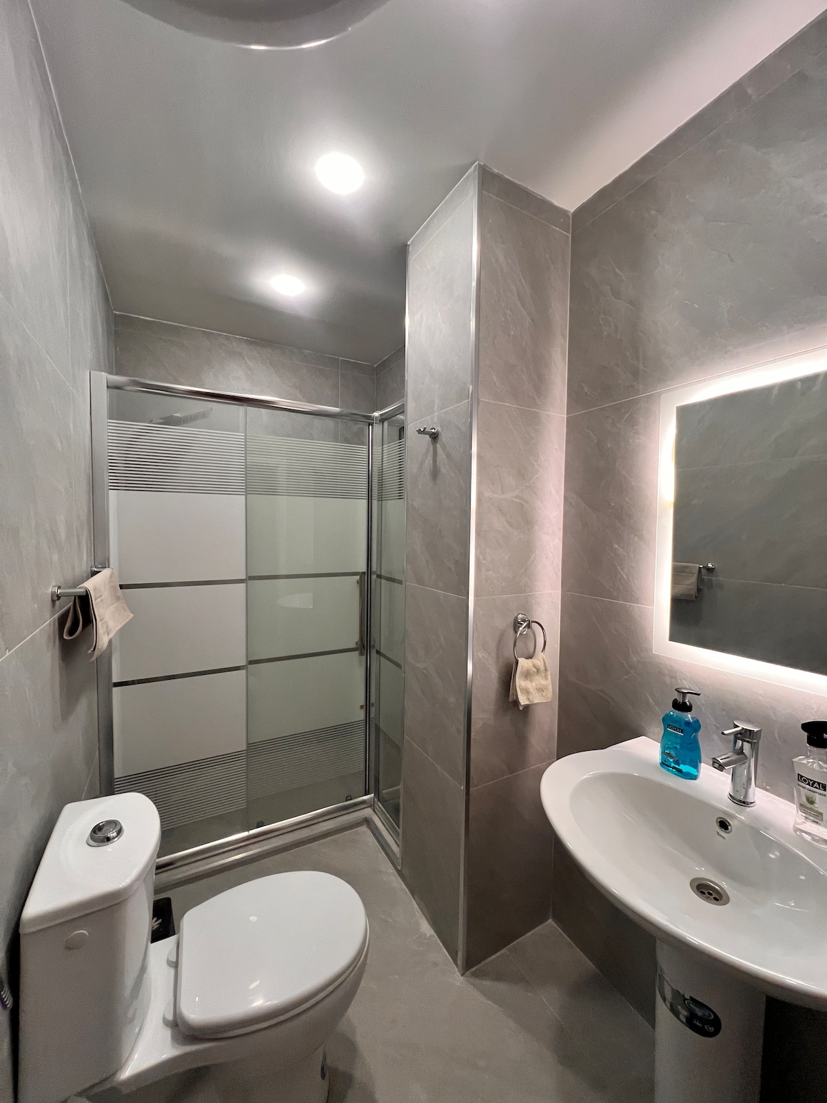 A modern bathroom is featured, showcasing a glass-enclosed shower with frosted panels. A compact toilet and a circular sink are present, complemented by wall-mounted toiletries. Soft lighting is provided by recessed lights and an illuminated mirror, enhancing the clean and functional design.