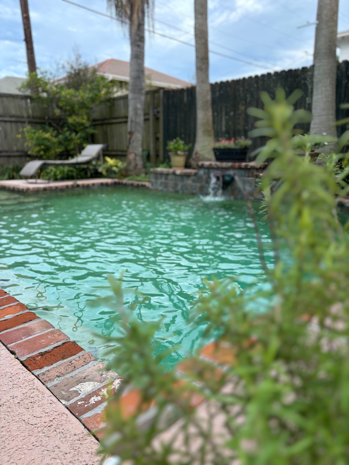 A shared pool area is depicted, featuring clear turquoise water surrounded by red brick. Lush greenery frames the pool, while a small waterfall adds a tranquil aspect. Two lounge chairs are positioned nearby, set against a backdrop of palms and a wooden fence.