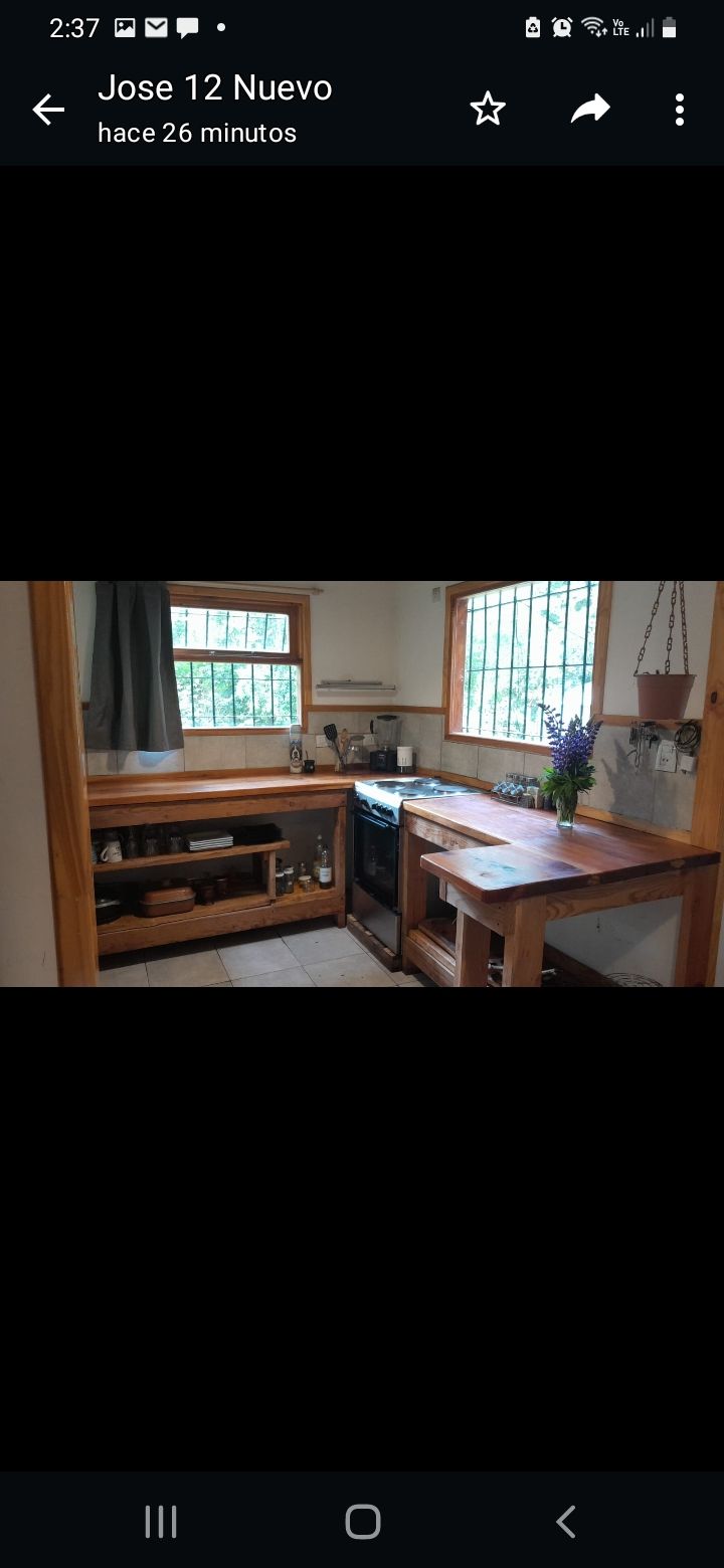 A functional kitchen area features wooden cabinetry and a workspace. A stove and sink are present, with natural light pouring in through two windows. Fresh flowers are placed on the counter, enhancing the inviting atmosphere of the space.