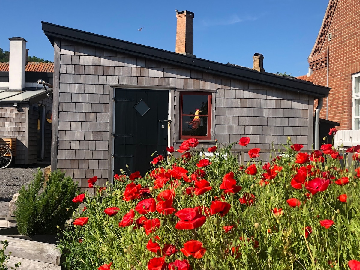 The exterior of a charming wooden annex is showcased, with a diamond window accent prominently featured. Bright red poppies bloom vibrantly in the foreground, contrasting against the wooden shingles and clear blue sky.