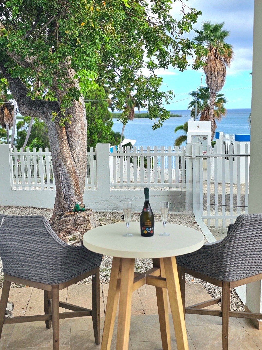 An outdoor seating area features two high-backed chairs adjacent to a round table. A bottle of champagne and two flutes are set on the table, while a view of the ocean and palm trees is visible in the background, framed by a white picket fence.