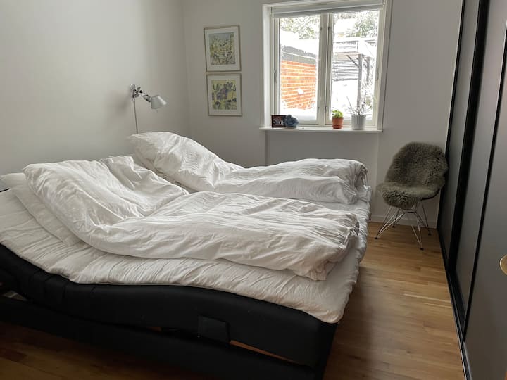 غرفة نوم مع أسرّة عالية.