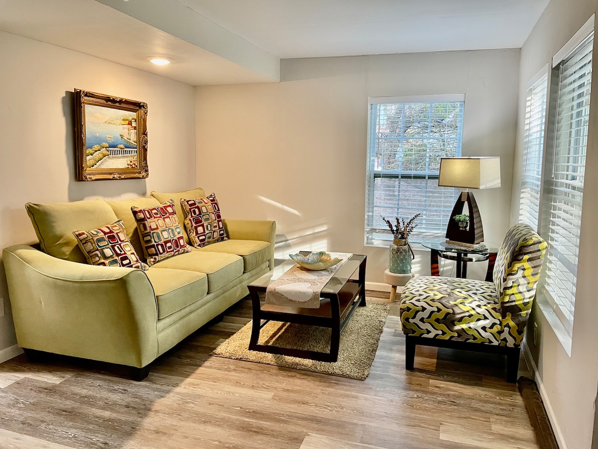 A bright living area features a green sofa adorned with patterned cushions and a patterned accent chair. A coffee table sits centrally on a plush rug, with a decorative bowl placed on top. Natural light enters through nearby windows, enhancing the room’s spacious feel.