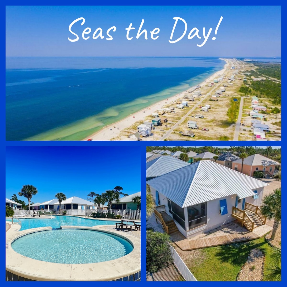 An aerial view captures the expansive coastline along Fort Morgan, highlighting sandy shores and tranquil waters. The bottom left shows a pool surrounded by lounge areas, while the bottom right features the charming cottage with a sloped roof and inviting outdoor deck.