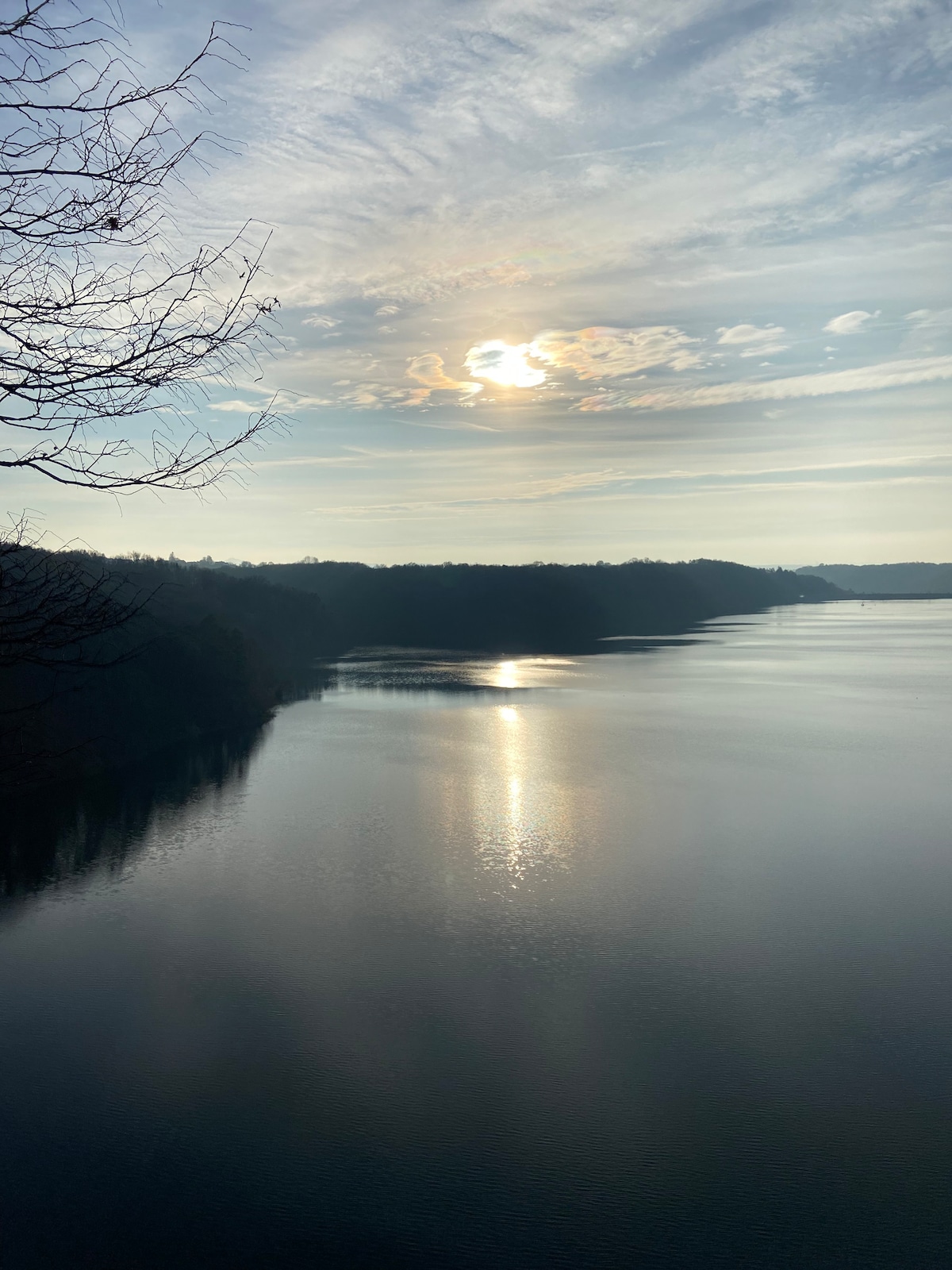 A serene water view is captured with a gentle reflection of the sun shimmering on the surface. In the background, trees line the water's edge, contributing to the peaceful, natural setting. Soft clouds drift across the sky, creating a calming atmosphere.