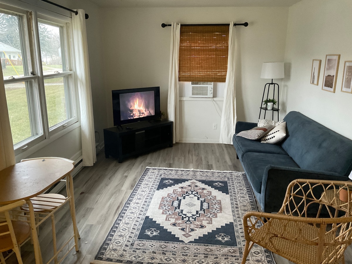 A cozy living area features a dark blue couch and a wooden coffee table. A television displaying a fireplace image is positioned on a black entertainment unit. Natural light enters through large windows, and a patterned area rug complements the space. Neutral curtains add warmth.