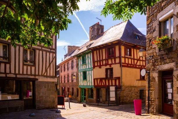 A charming street scene in a historic area is framed by leafy trees. Colorful timber-framed buildings feature various architectural styles, illuminated by sunshine. Cobblestone paths invite exploration, while decorative flower boxes add a touch of greenery to the vibrant facade.