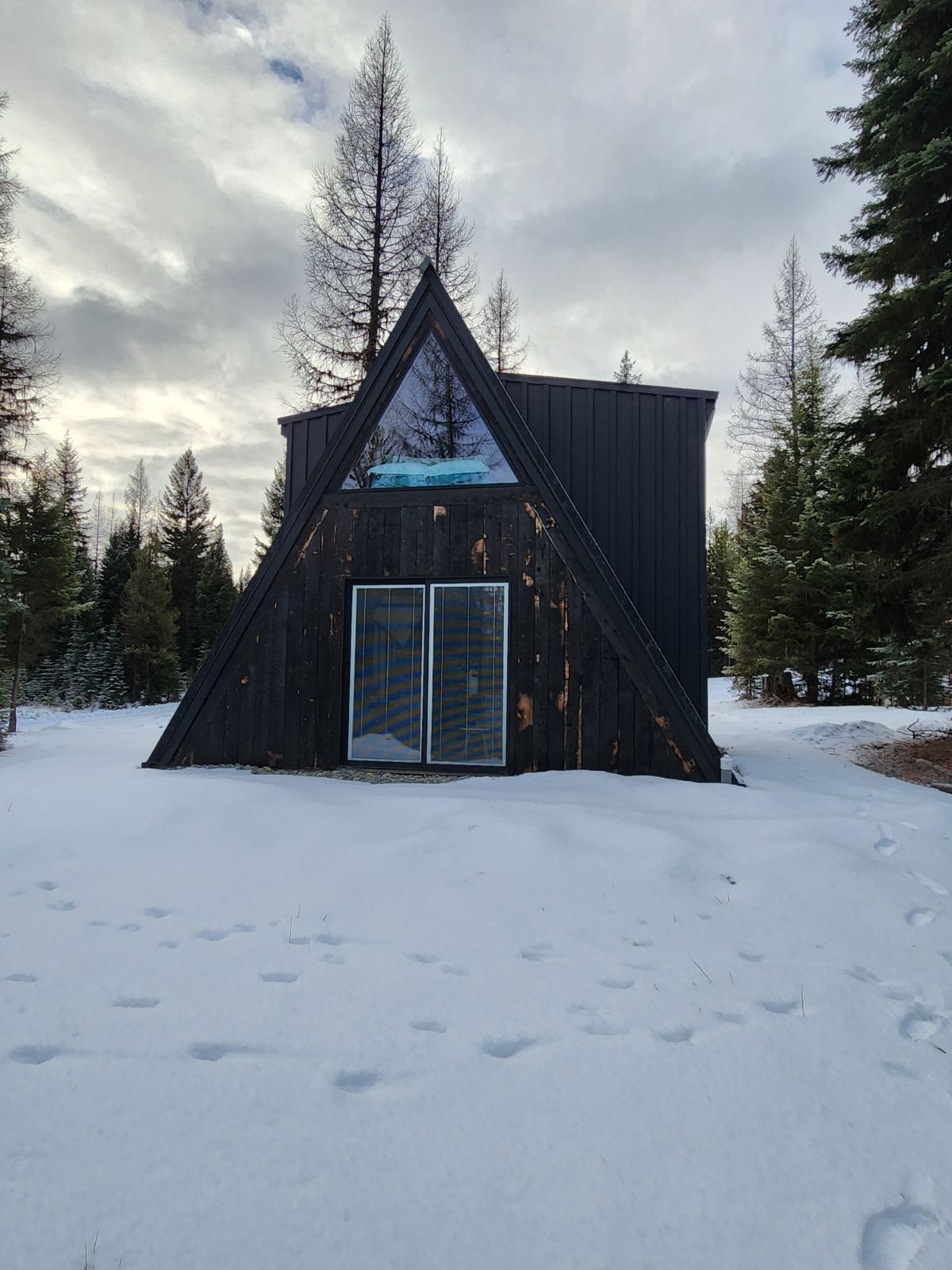 An A-frame cabin is visible among snow-covered ground and tall evergreen trees. The distinct black exterior contrasts with the white snow, while a large triangular window reflects the sky. The entrance is marked by a set of double doors framed by snow.