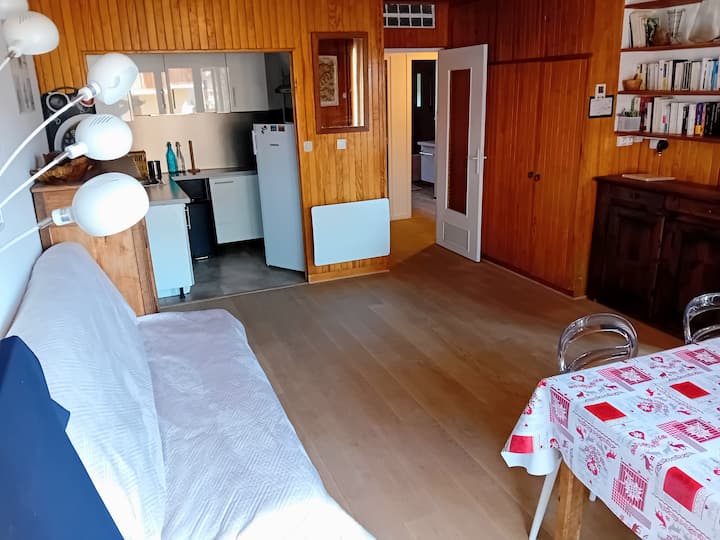 Dhomë ndenjeje, divan-krevat dhe kuzhinë e vogël.