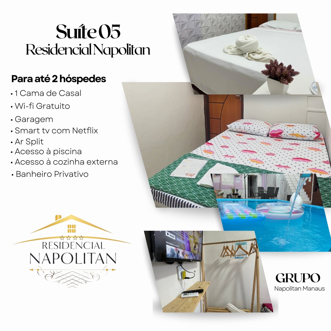 A cozy suite accommodates up to two guests, featuring a spacious double bed with decorative bedding. A smart TV is mounted on the wall, and a private bathroom is accessible. The image also shows a glimpse of a shared outdoor pool area.