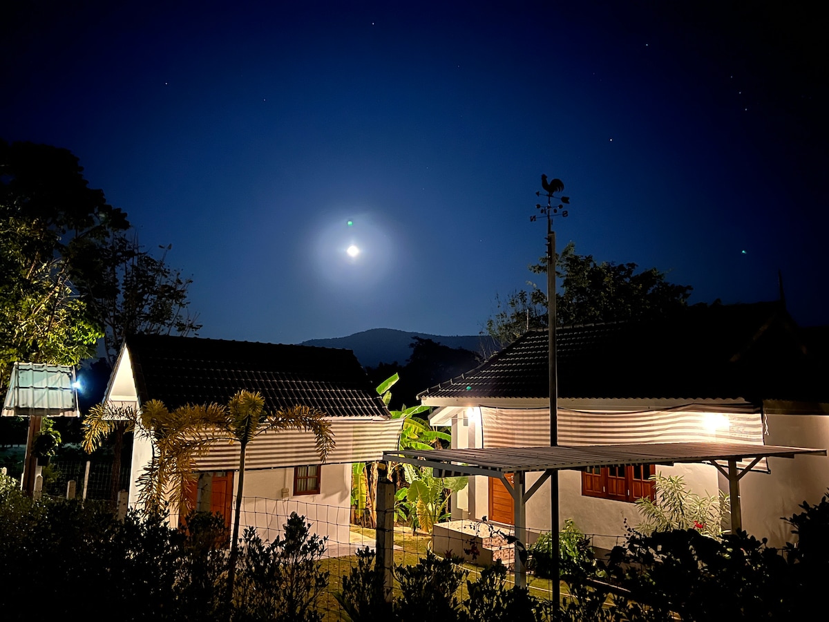 A quiet retreat is illuminated under a full moon, showcasing two single-story buildings with dark roofs and wooden shutters. Lush greenery surrounds the area, while a gentle hillside is visible in the background against the night sky filled with stars.