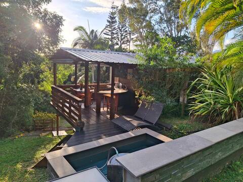 Room with a pool and a hot tub