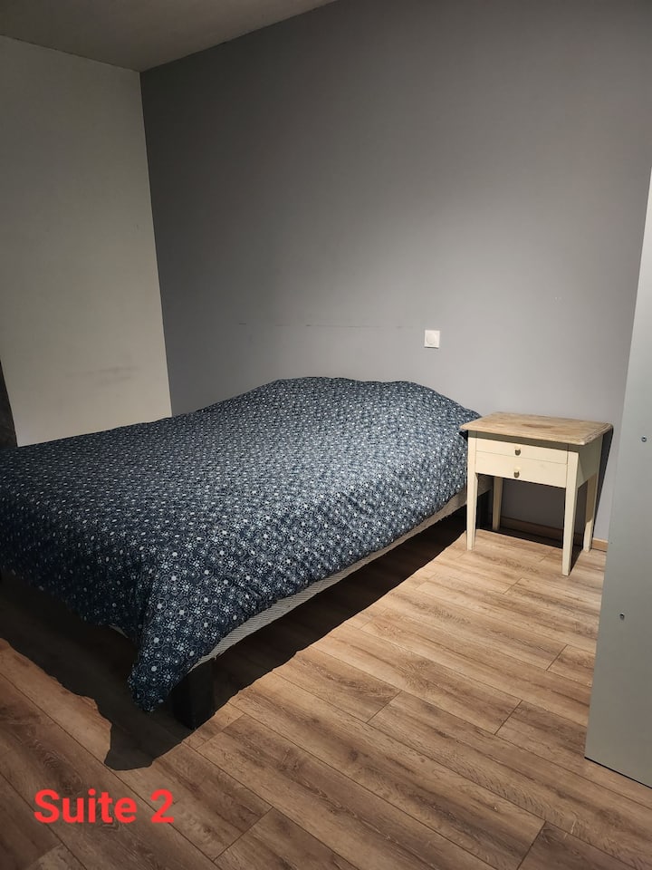 الجناح رقم2
يتكون الجناح من غرفتي نوم وغرفة استحمام.
غرفة النوم الأولى بسرير واحد 90 × 190
غرفة نوم ثانية بسرير كوين × 200 سرير كوين