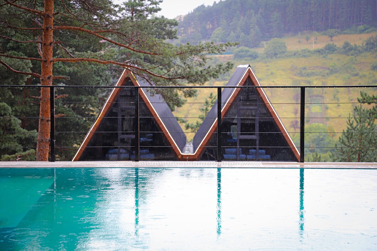 A scenic view showcases two A-frame chalets beyond a sparkling heated pool. The pool reflects the surrounding greenery and mountains, while the structure's angular roofs complement the natural landscape. A peaceful ambiance is conveyed through the serene setting, ideal for relaxation.
