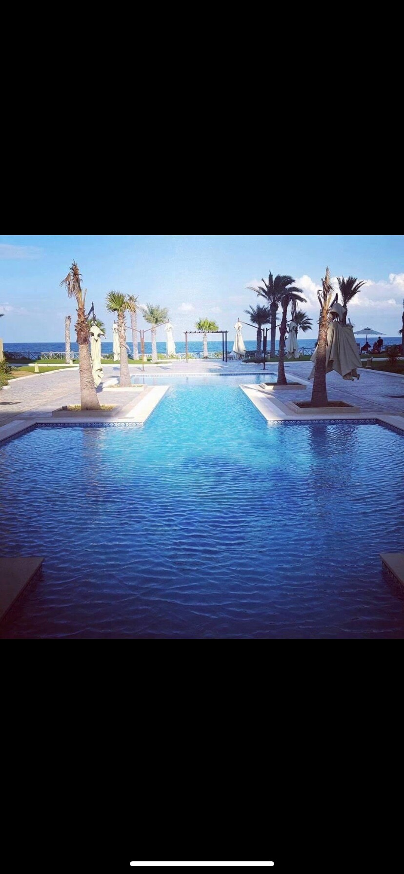 A serene infinity pool stretches towards the horizon, framed by palm trees and umbrellas. The calm, clear water reflects the blue sky, and the beach is visible in the distance, enhancing the relaxing atmosphere of the outdoor space.