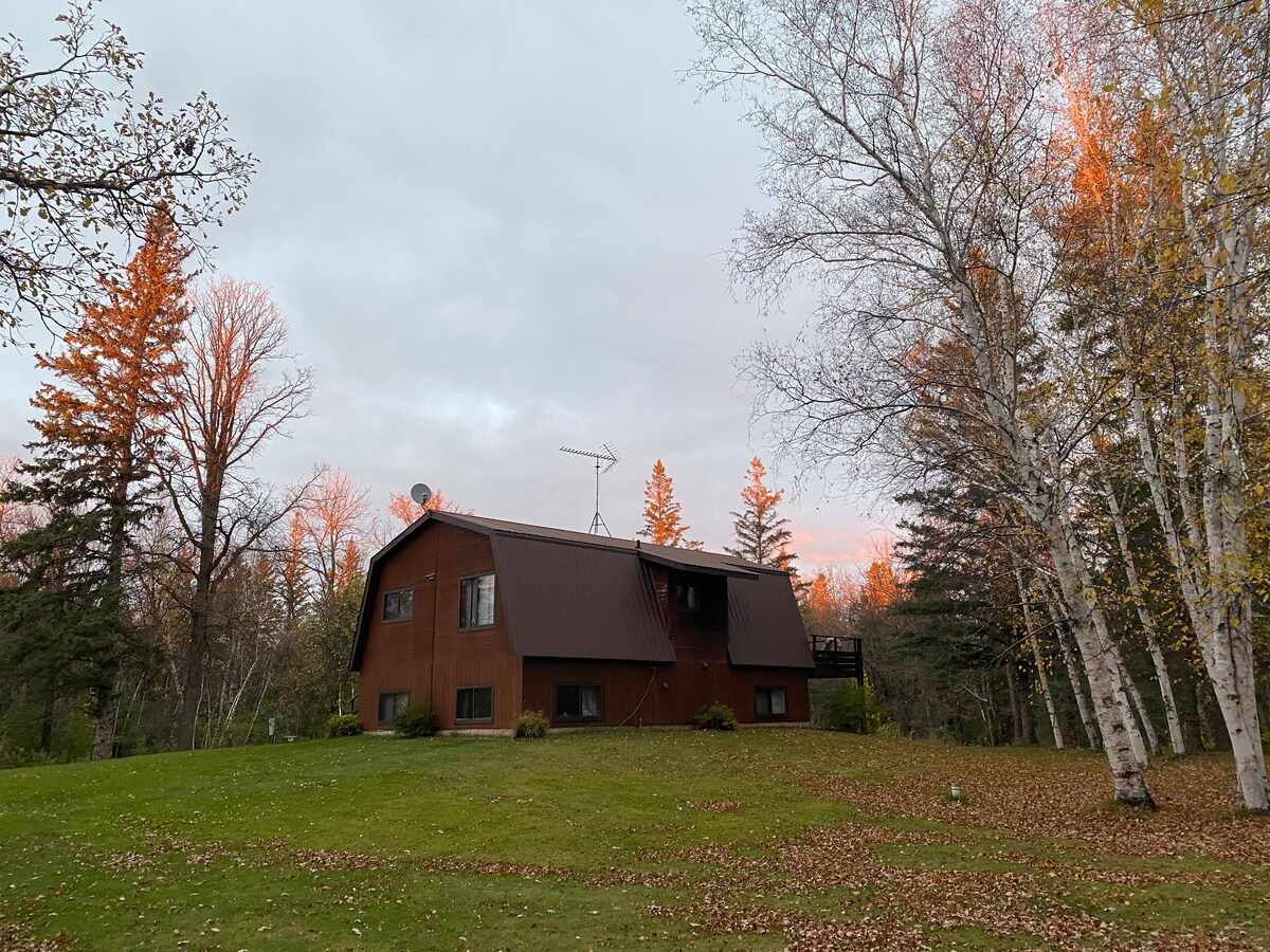 The spacious cabin features a two-story design with a brown exterior, surrounded by lush greenery and autumn-colored trees. The yard showcases a carpet of fallen leaves, providing a tranquil setting that blends harmoniously with the natural landscape.