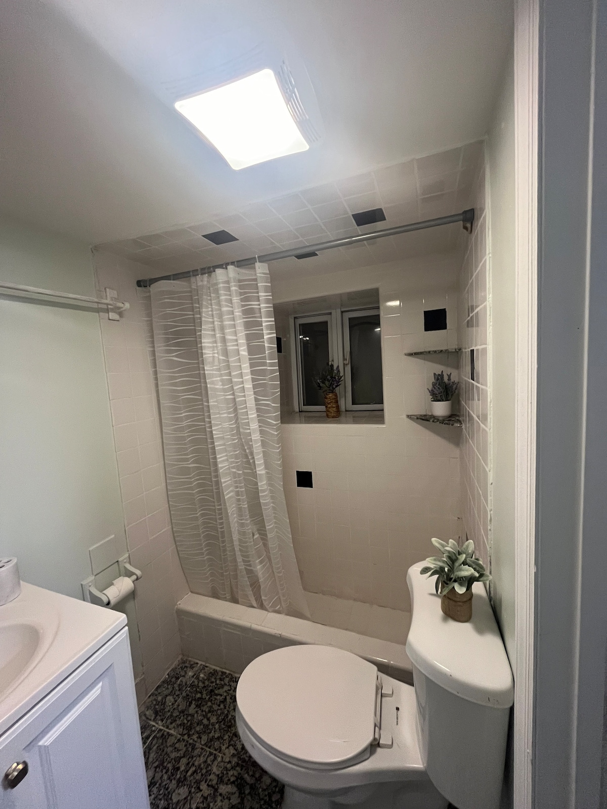 The bathroom features a compact layout with a shower curtain separating the tub area from the rest. A small window allows natural light, while shelves hold potted plants. A white vanity with a sink and a modern toilet complete the space, accentuated by light tiles.