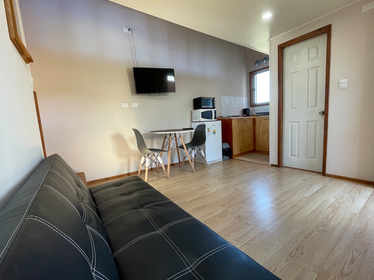 A modern living space is showcased, featuring a black sofa and a dining table with four chairs. A wall-mounted TV is visible above the table. The kitchenette, equipped with a microwave and refrigerator, is located in the corner, enhancing the functional layout.