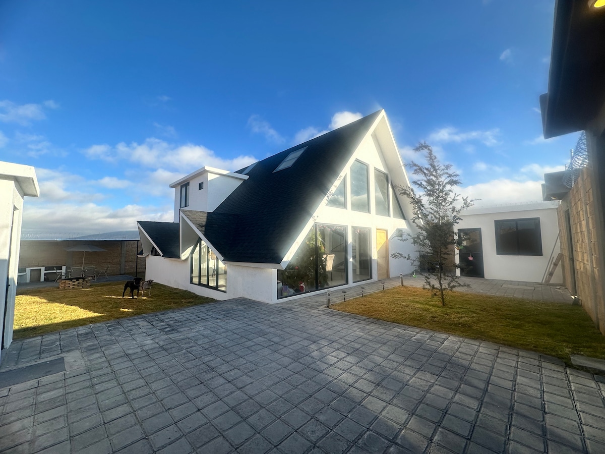 A modern cabin is set in a grassy area, featuring a striking sloped roof and large glass windows that invite ample natural light. The driveway is paved with gray stones, and a garden area is maintained beside the house with a small tree and open sky above.