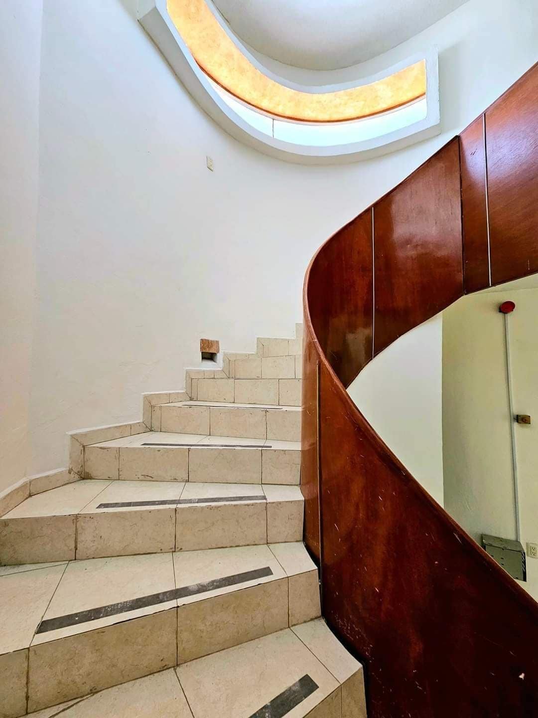 A staircase is depicted, featuring smooth, light-colored stone steps. A wooden handrail curves alongside, enhancing the modern design. Natural light filters through a rounded window at the top, contributing to the bright, airy ambiance of the space.