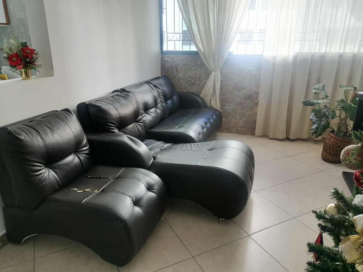 A modern, black leather sectional sofa is positioned in a well-lit corner of the room. Natural light streams through a large window adorned with light curtains, casting soft shadows on the tiled floor. Decorative plants and a subtle floral arrangement add a touch of greenery.