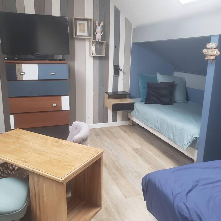 Cette chambre possède quatre lits simples. idéal pour les enfants avec son espace central pour jouer, vous y trouverez également une télé avec lecteur dvd et plein de dessins animés.