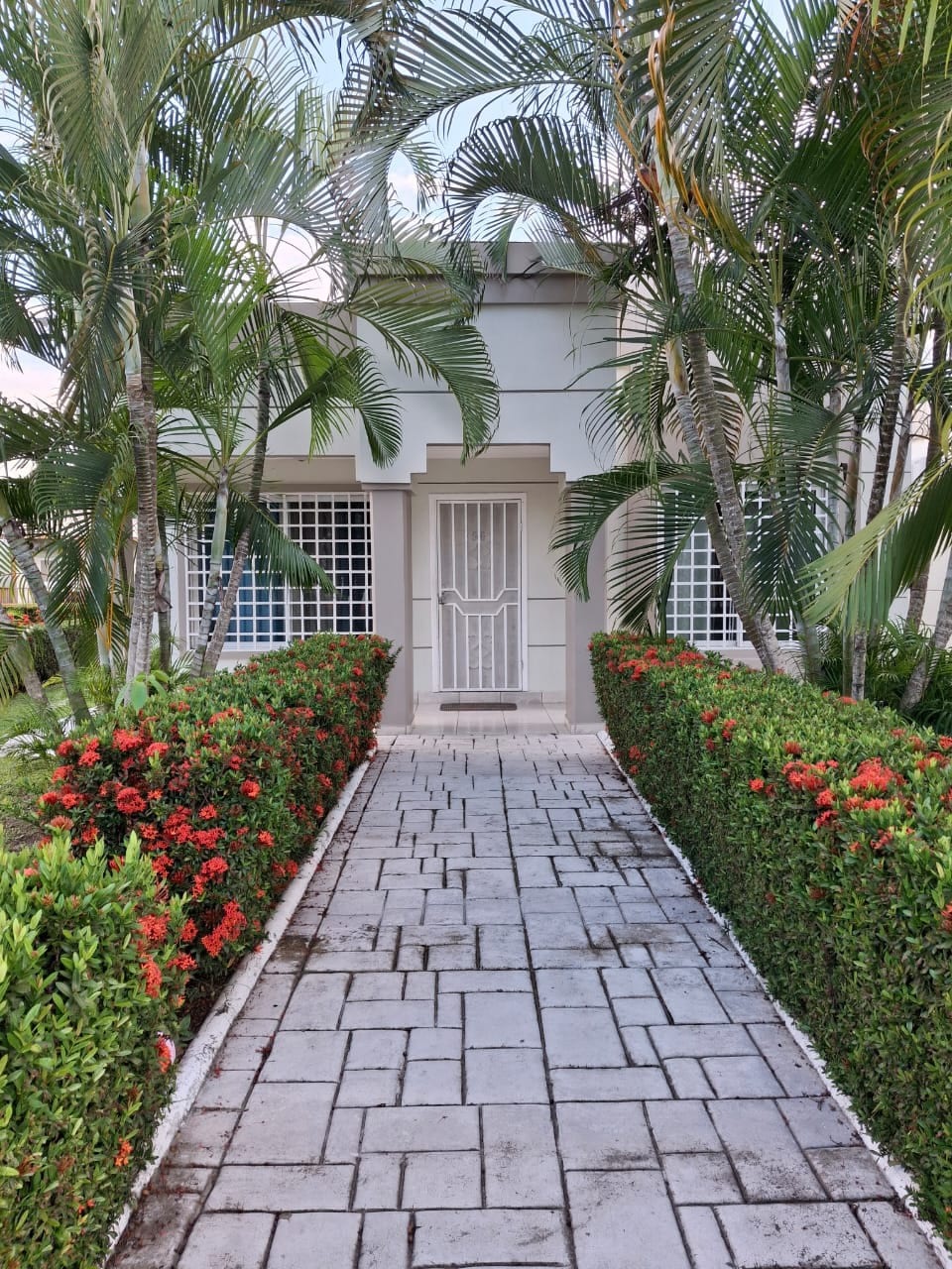 A well-maintained pathway leads to the entrance of a villa, flanked by neatly trimmed hedges and vibrant flower beds. Tropical palm trees provide shade, and the entrance features a secure gate, contributing to the welcoming ambiance of the property.
