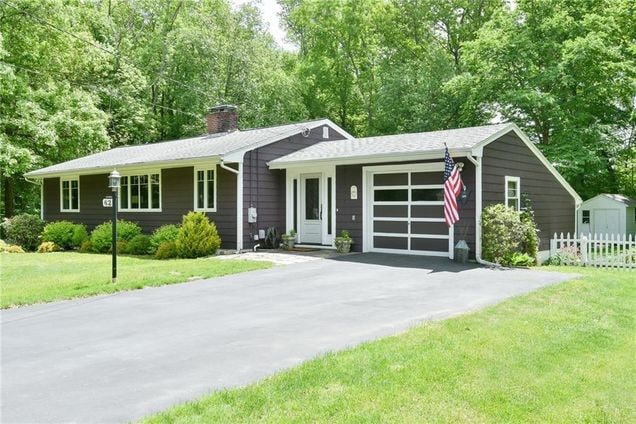 The exterior of a charming ranch-style home is featured, set in a tranquil, green landscape. A smooth driveway leads to the front entrance, flanked by well-manicured shrubs. An American flag hangs on the porch, adding to the welcoming atmosphere.