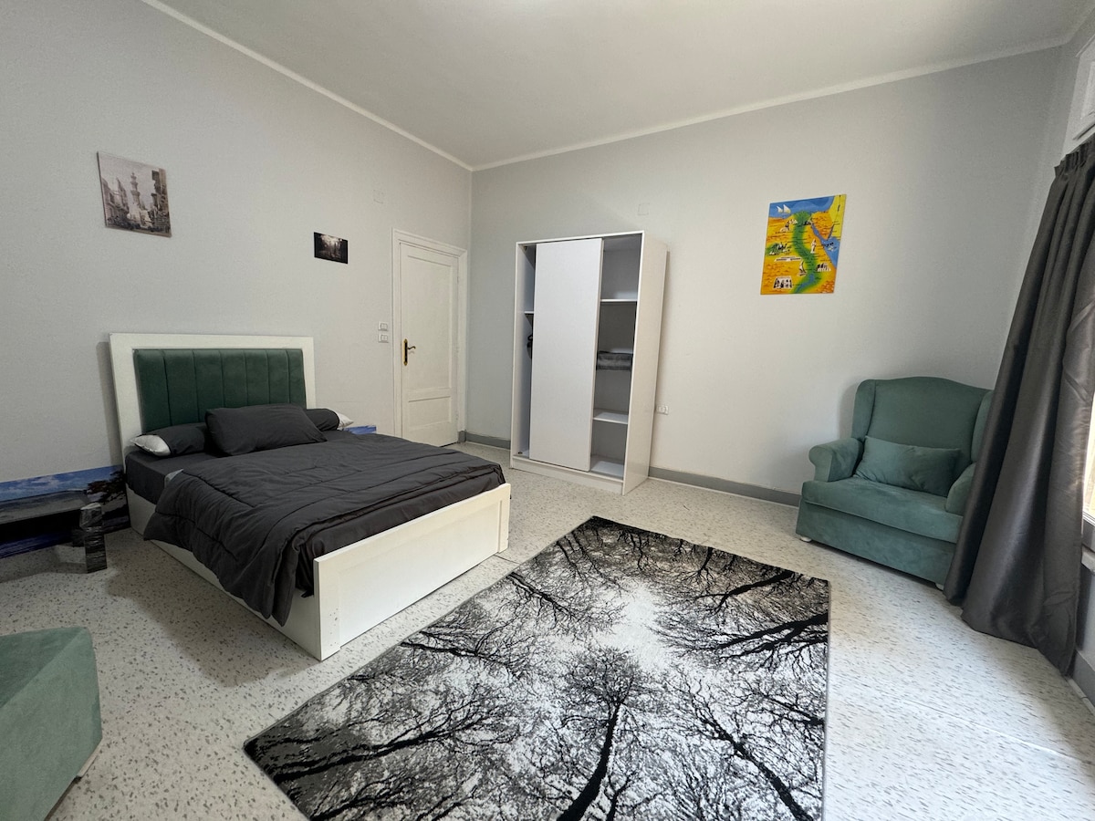 A spacious single room features a plush bed with a dark coverlet, complemented by a decorative area rug depicting trees. A comfortable armchair adds to the inviting atmosphere. A wardrobe is set against the wall, and natural light enters through the partially opened curtains.