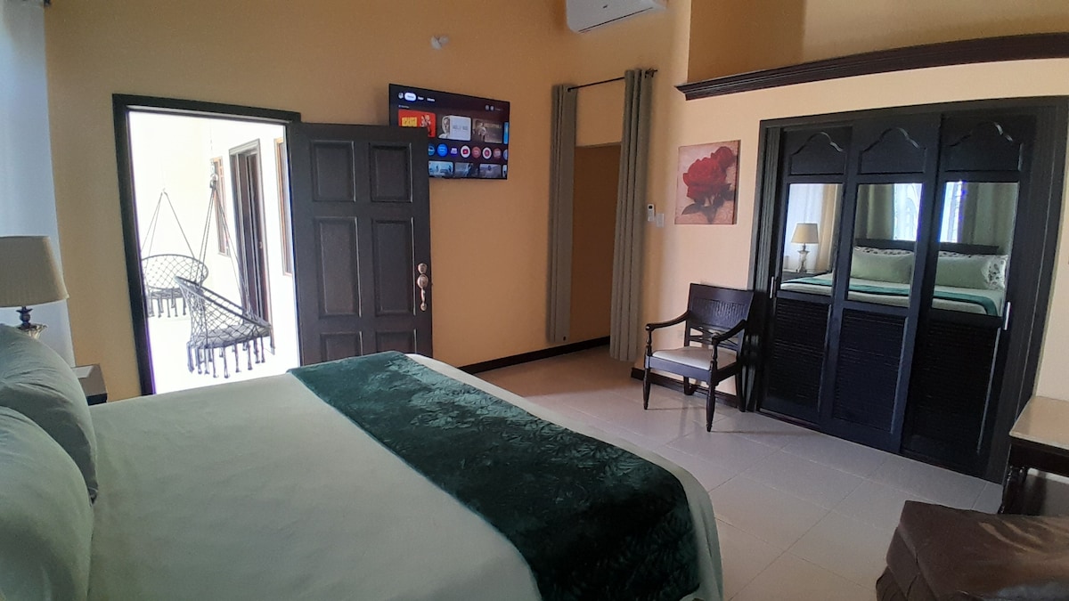A modern bedroom features a spacious bed adorned with a green throw blanket. A large wardrobe and a comfortable chair are present, with subtle art on the wall. The room includes a television mounted on the wall, and natural light filters through the open doorway.