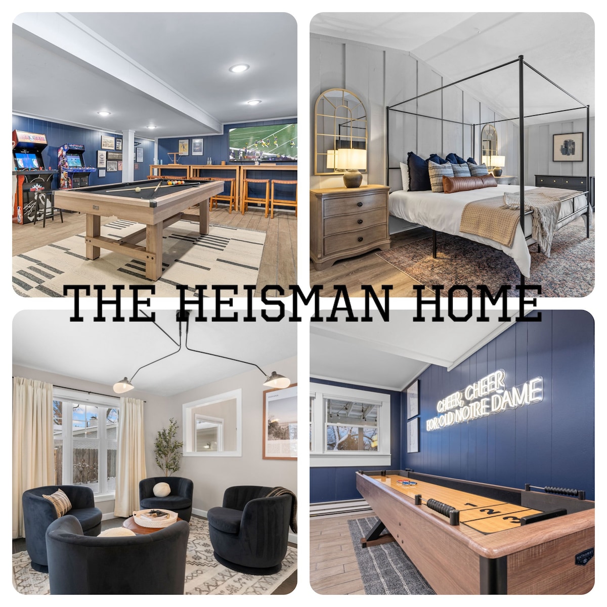 The game room features various arcade games, a shuffle board, and a pool table alongside seating at pub tables. A stylish bedroom showcases a four-poster bed beside a wooden nightstand. A cozy sitting area displays velvet lounge chairs, while the game area includes a table for table games.