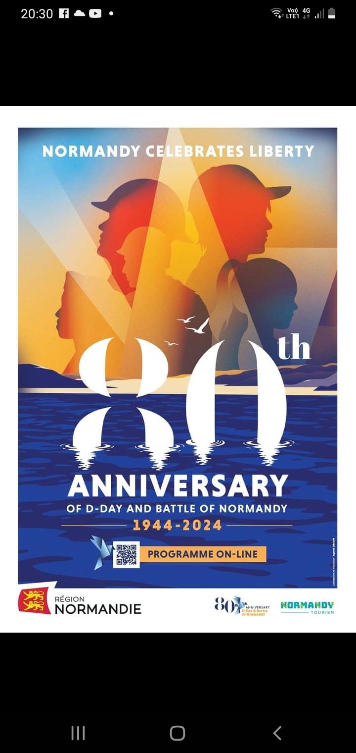 A colorful poster commemorating the 80th anniversary of D-Day and the Battle of Normandy. Silhouettes of soldiers are depicted against a sunset background, with shades of orange and blue blending harmoniously. The ocean reflects the colors, with seagulls flying above.
