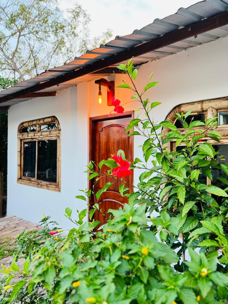 A charming entrance is framed by lush greenery, with vibrant red flowers adding color. The white exterior of the house contrasts with wooden accents around the windows and door, which is highlighted by a warm light fixture above.