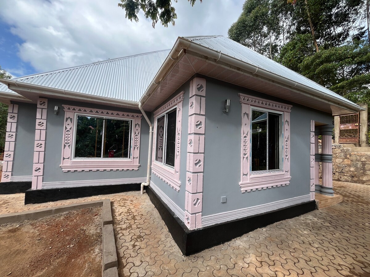 The exterior of the house showcases a unique design, featuring decorative pink accents around the windows and a grey facade. Large windows allow natural light to brighten the space, while a stone pathway leads to the entrance, surrounded by a well-maintained yard.